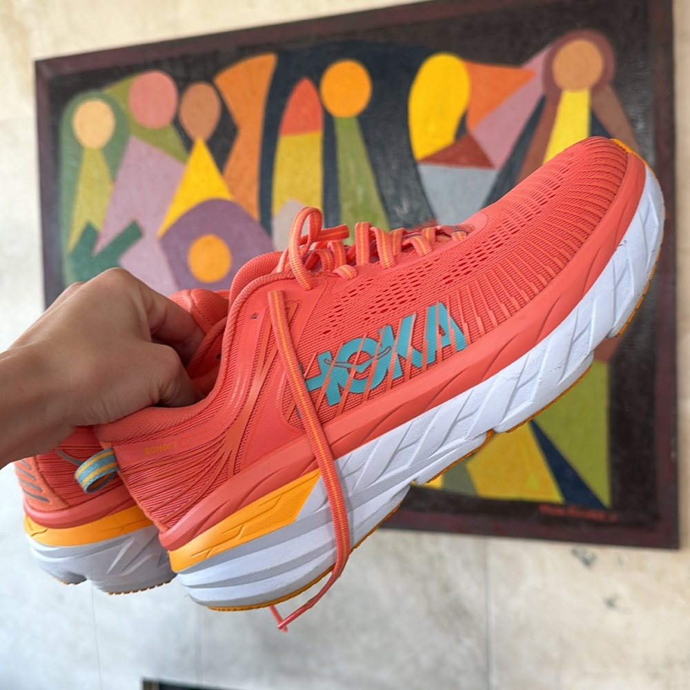 Hoka One Bondi 7 coral and White Athletic Shoes